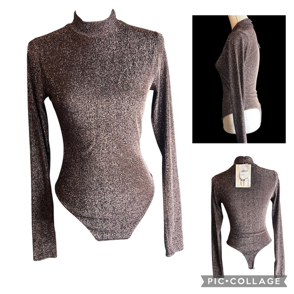 naked wardrobe Tops - Naked Wardrobe Metallic Mock Neck Long Sleeve Bodysuit Rust NW-B2288 Large NWT